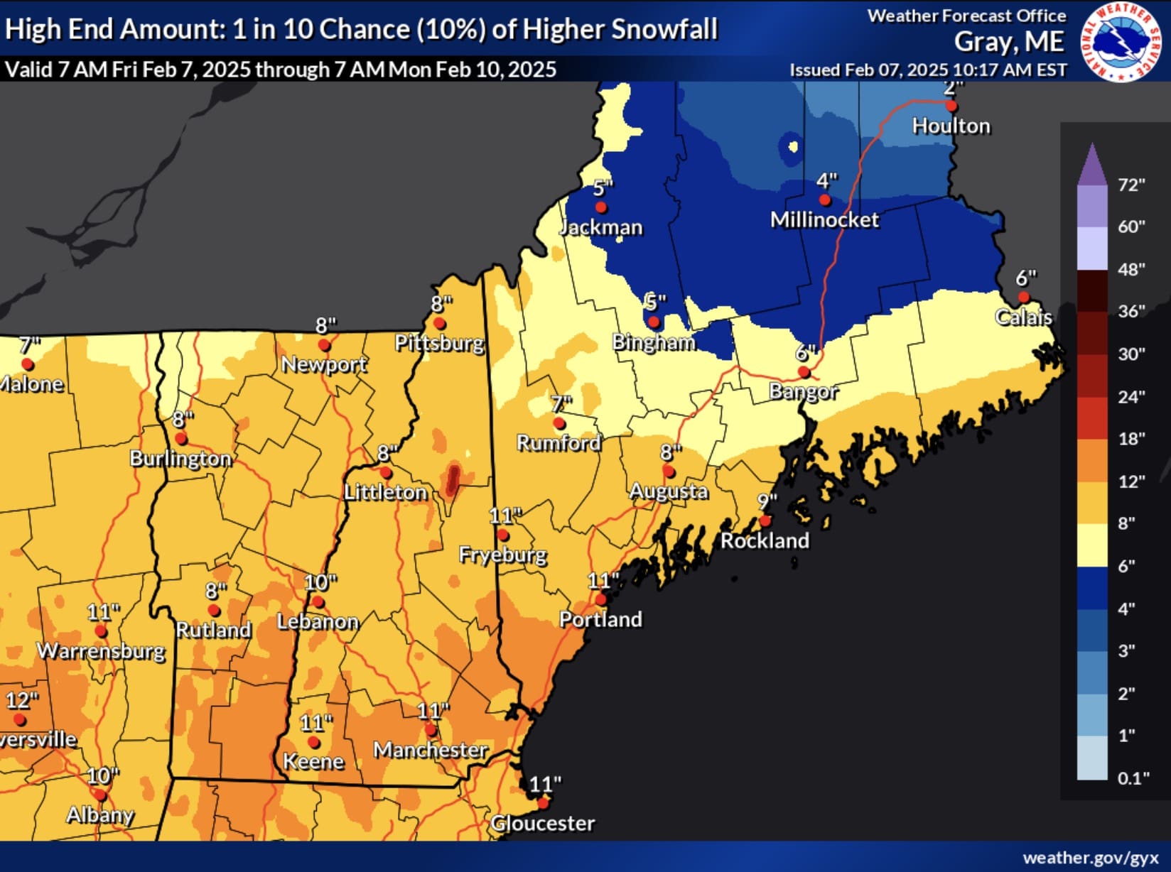 High end amount forecast (1 in 10 chance of higher snowfall).