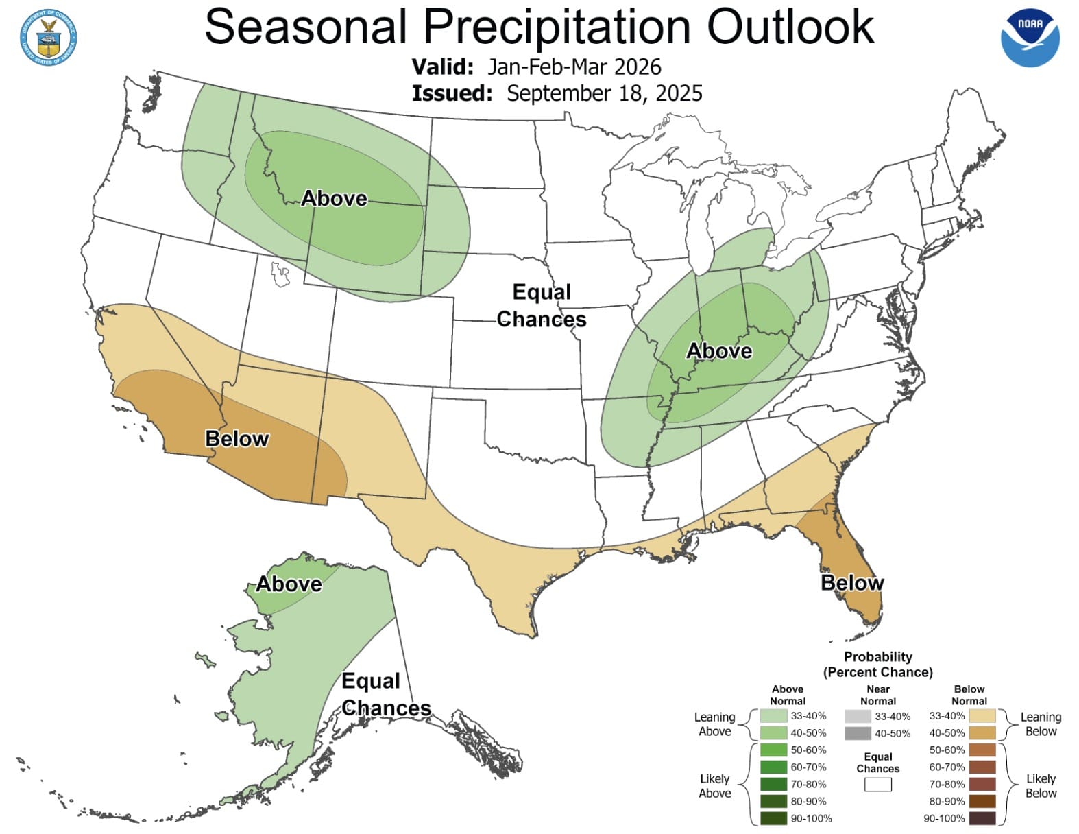 Perspectiva de precipitación estacional de NOAA para el invierno 2025/26.
