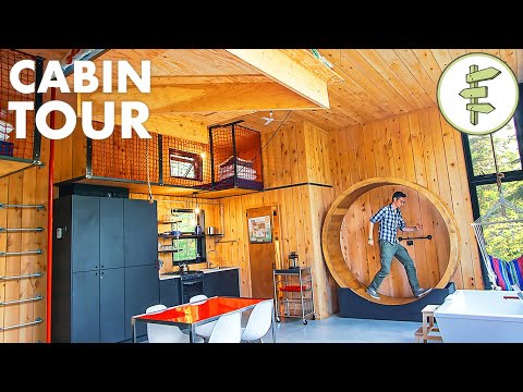 Off-Grid Cabin with Energy Wheel, Floating Bed &amp; Indoor Climbing Wall