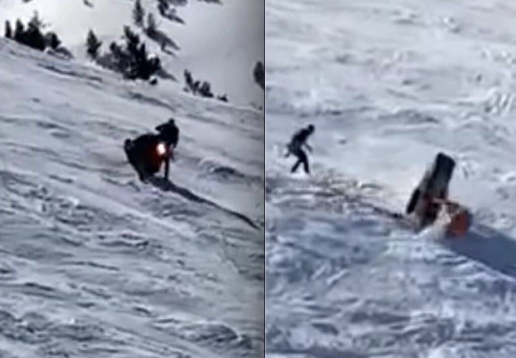 Ski resort snowmobile destroyed tumbling through mogul field