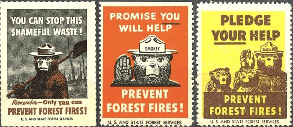 Smokey Bear has been used on stamps and posters to promote wildfire awareness