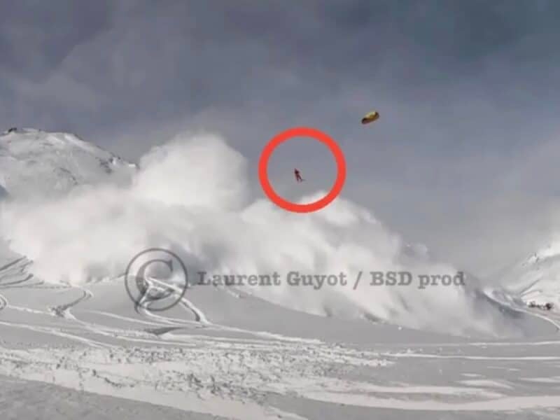 Snowkiter blown vertically out of avalanche
