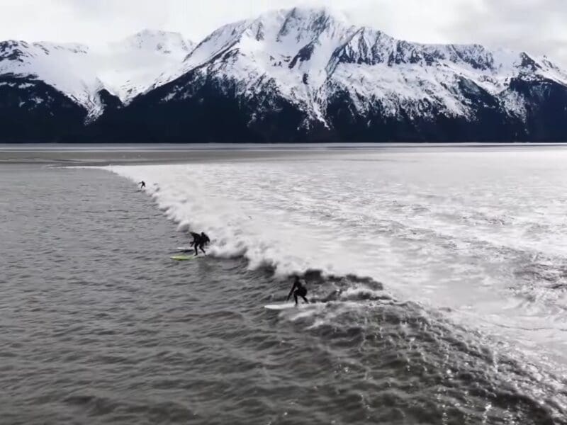 Surfing the tidal bore wave of lifetime in Alaska.
