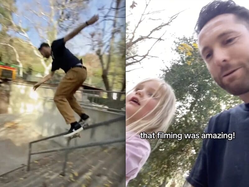 3-year-old gets excellent video of her skateboarding dad.