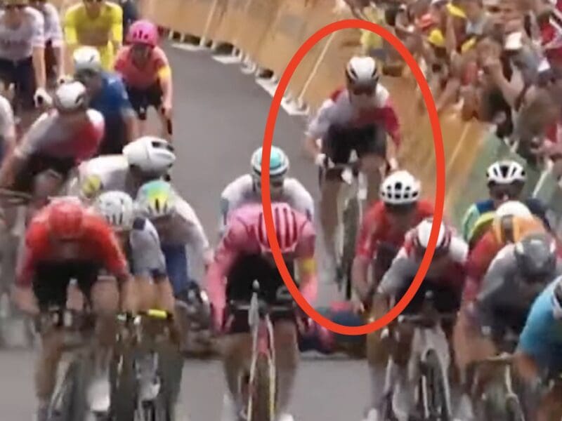 Axel Zingle bunny hops a crashed Mads Pedersen.