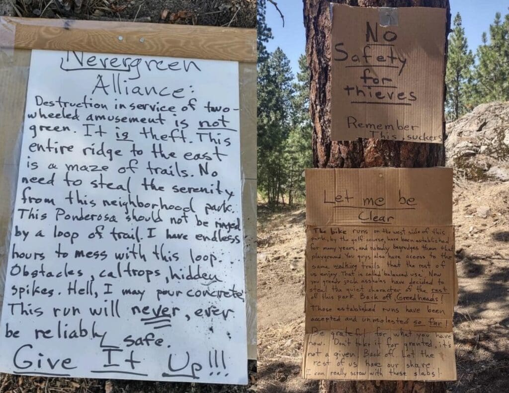 Threatening signs left on Beacon Hill Mountain Bike trails.
