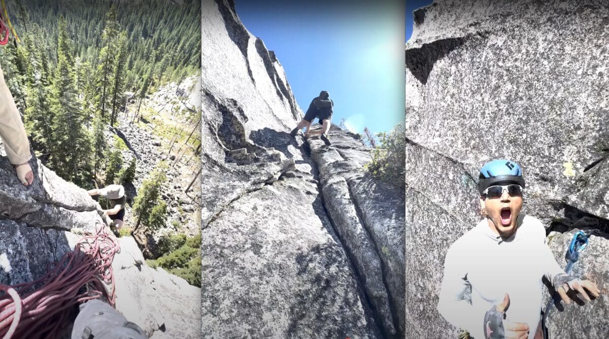 Free solo climber passes climbers at Lake Tahoe area climbing route.