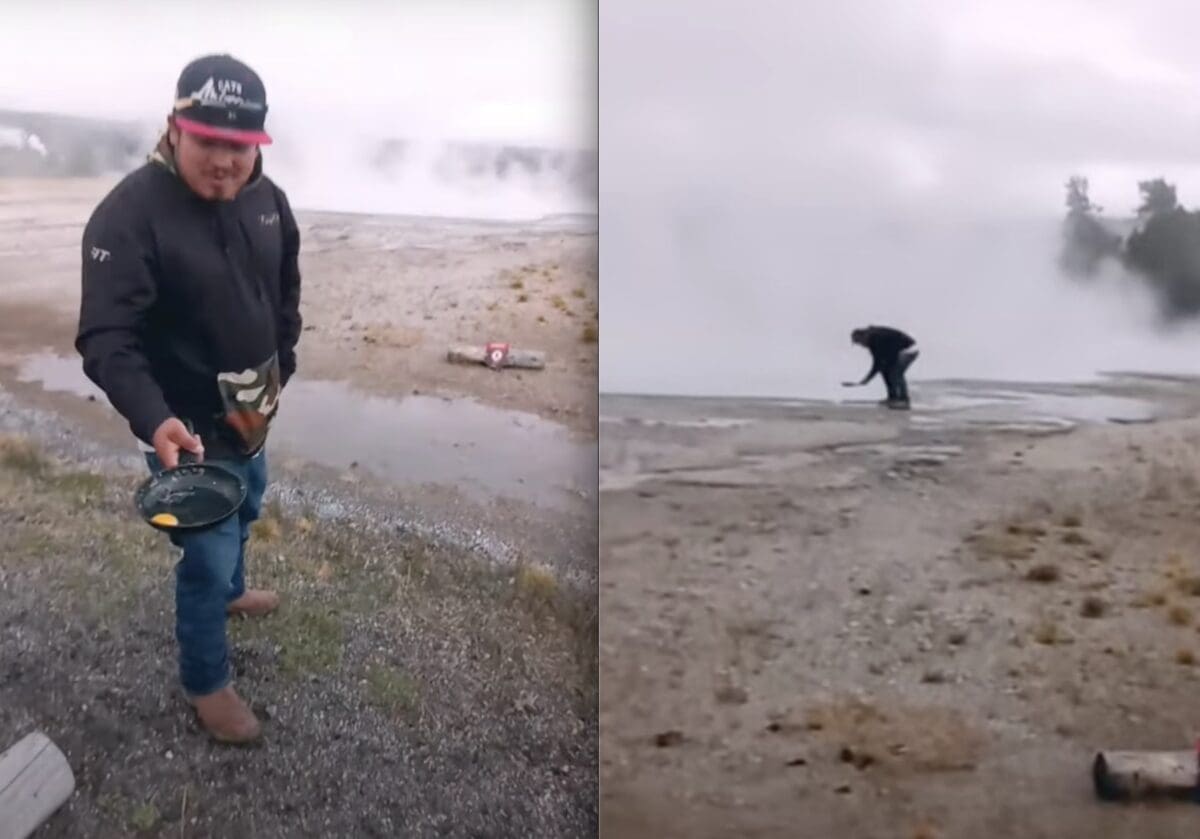 Tourist attempts to cook egg at thermal feature @ Yellowstone National Park