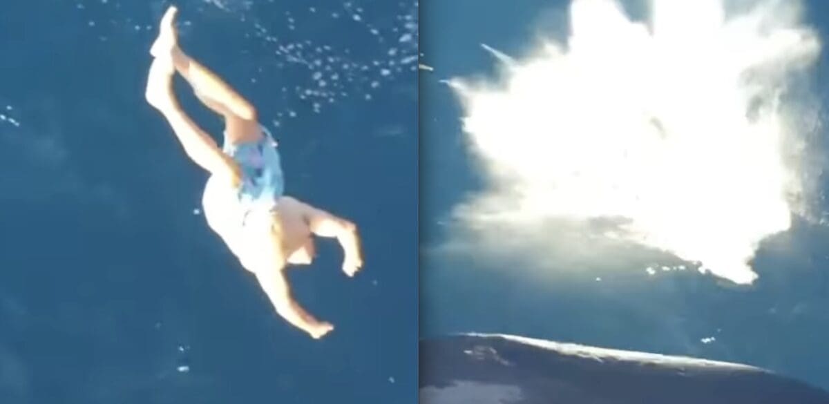 Robert DeNiro 30-foot dive ends in side splash.