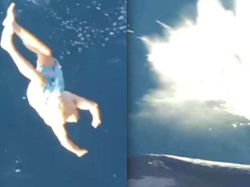Robert DeNiro 30-foot dive ends in side splash.