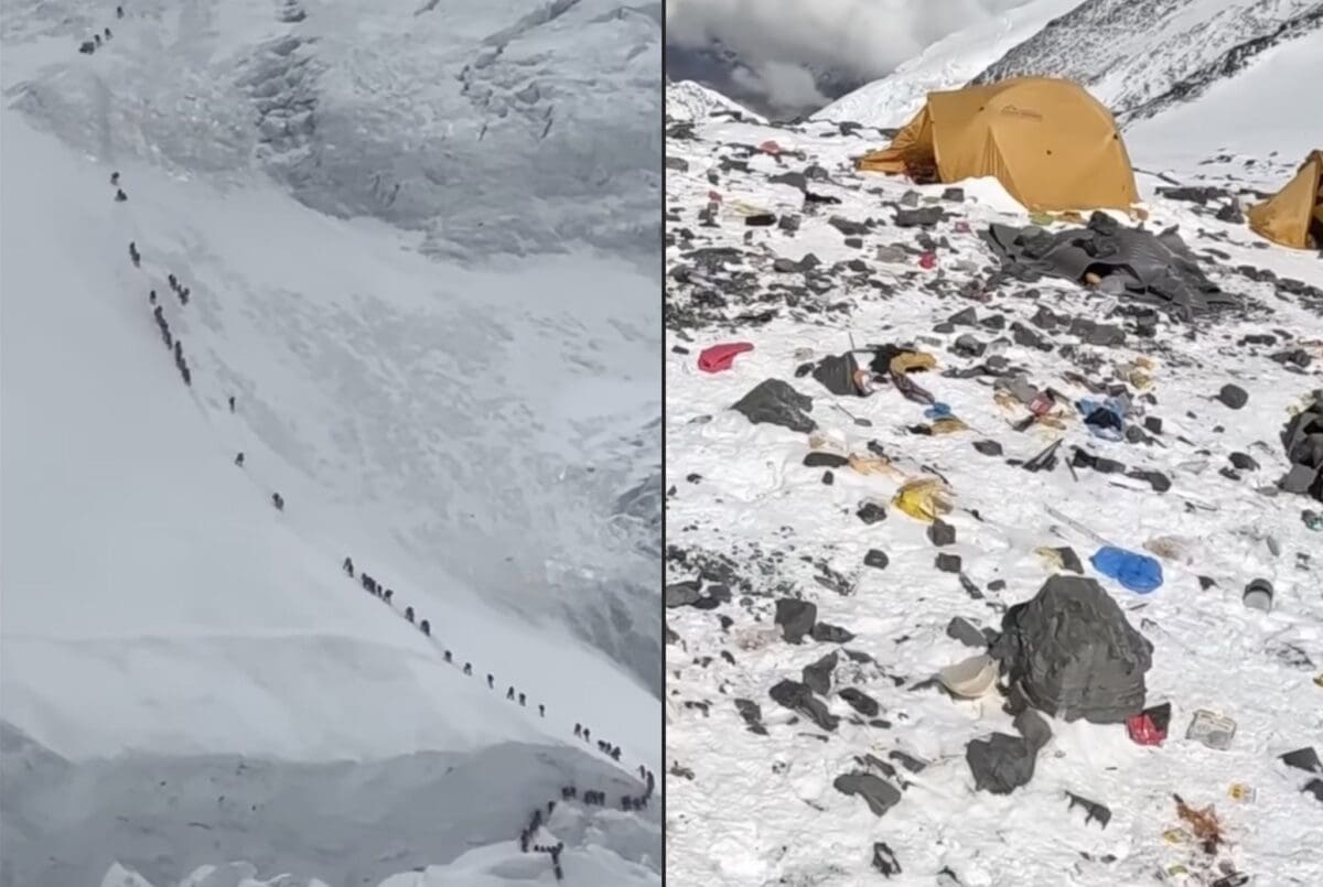 Line seen between Everest camps 3 & 4 (left), trash left at Everest Camp 4 (right)