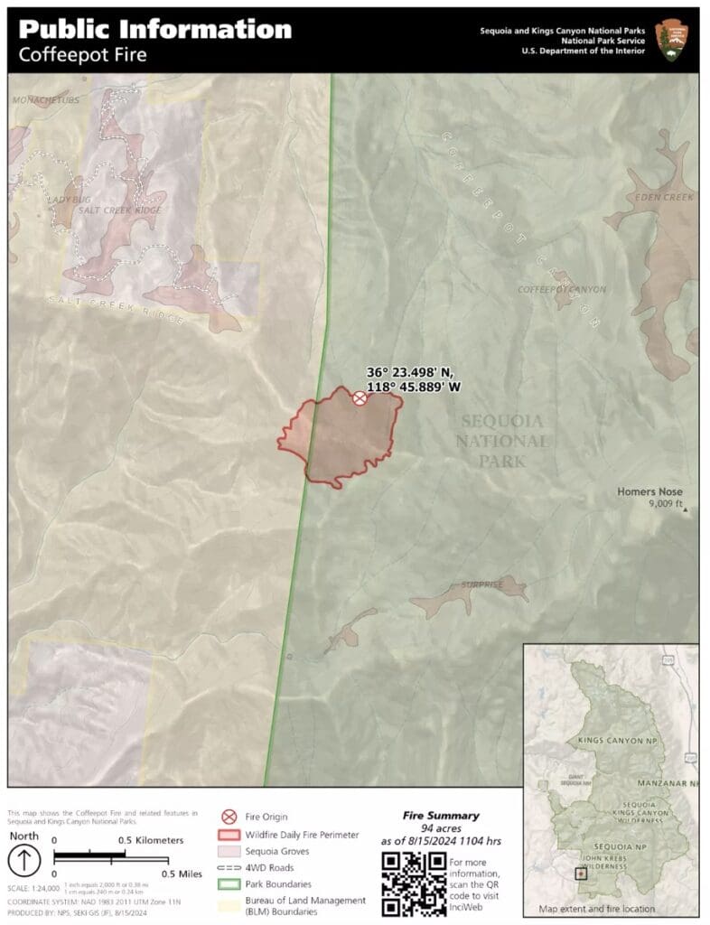 Map of the Coffeepot Fire in Sequoia National Park.