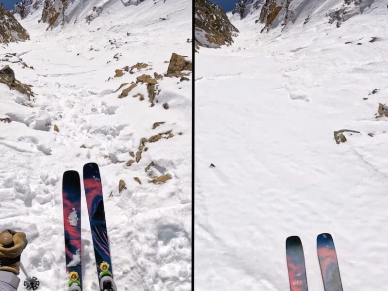 Skier straightline's Big Sky's Radio Tower Chute at