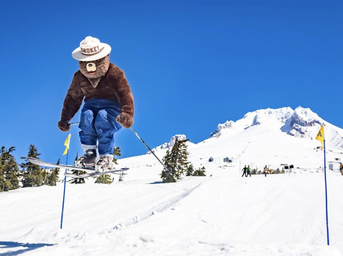 Smoky Bear skis Timberline Lodge.