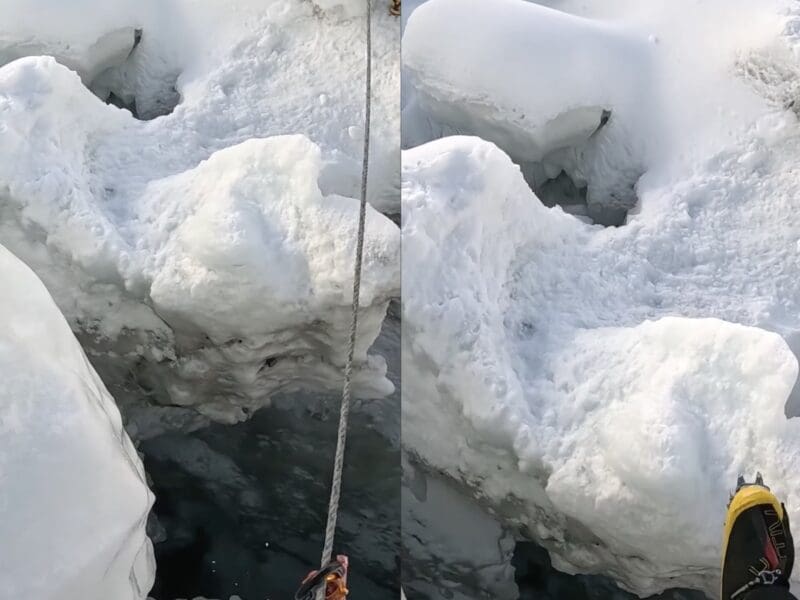 Jumping a crevasse on Everest.