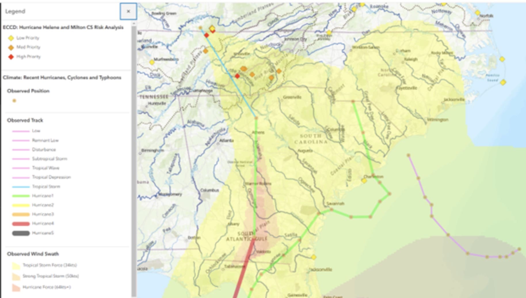 Map with predicted level of risk of hurricane impacts on contaminated sites in NPS units.