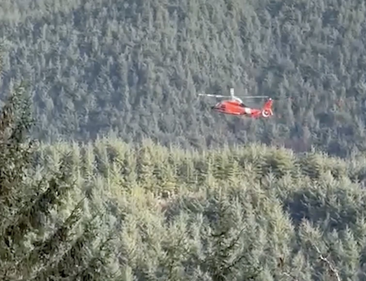 Coast Guard helicopters assist in the rescue of a missing hiker.