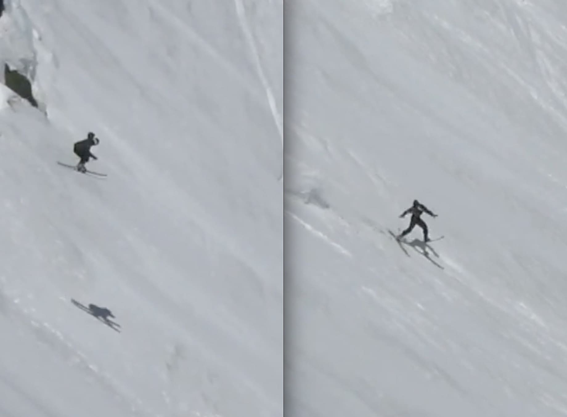 A skier wipes out hard after sending the icefall in Tuckerman Ravine.