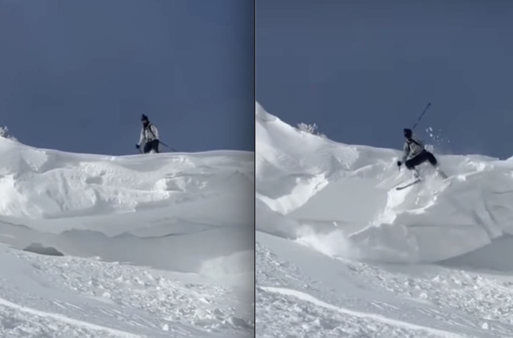 Skier Releases Large Cornice Fall While His Friend Films