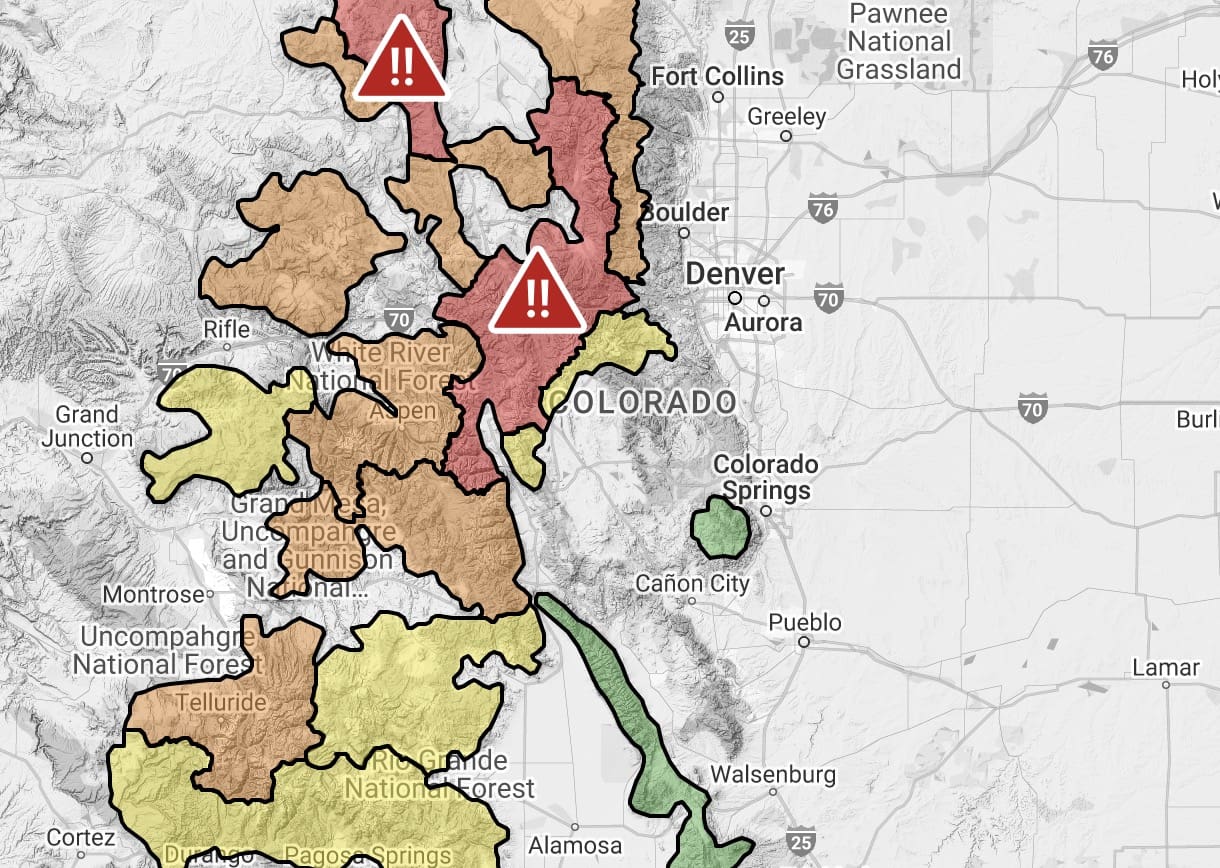 Avalanche forecast for 1/2 in Colorado.