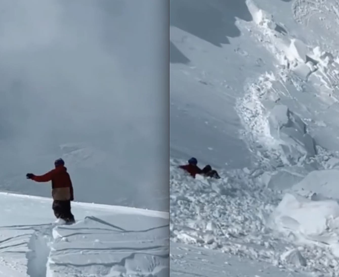 Snowboarder caught in a cornice fall.
