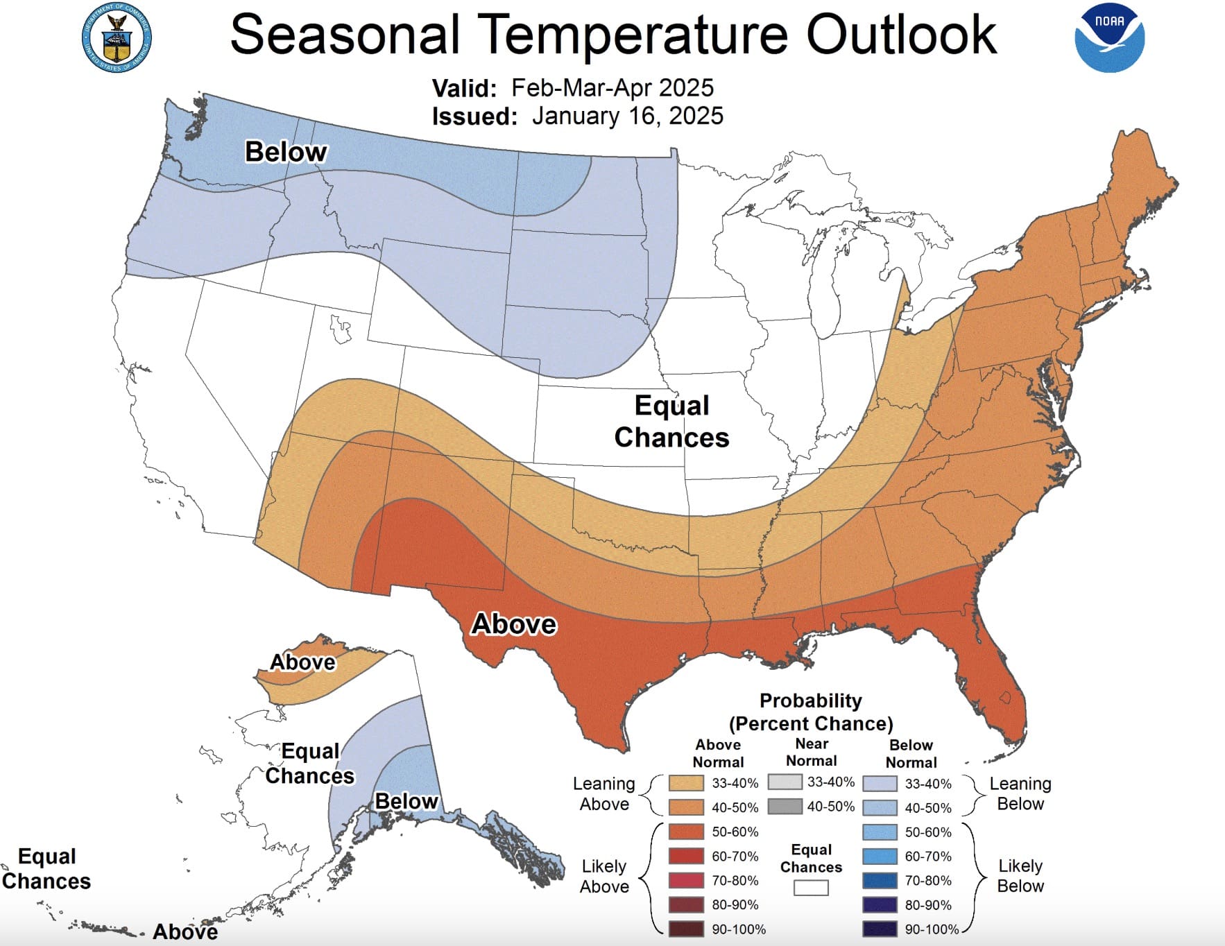Seasonal temperature outlook for February, March, & April