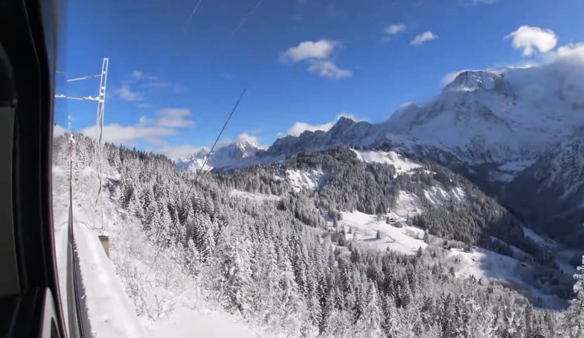 Riding the Tramway du Mont-Blanc.