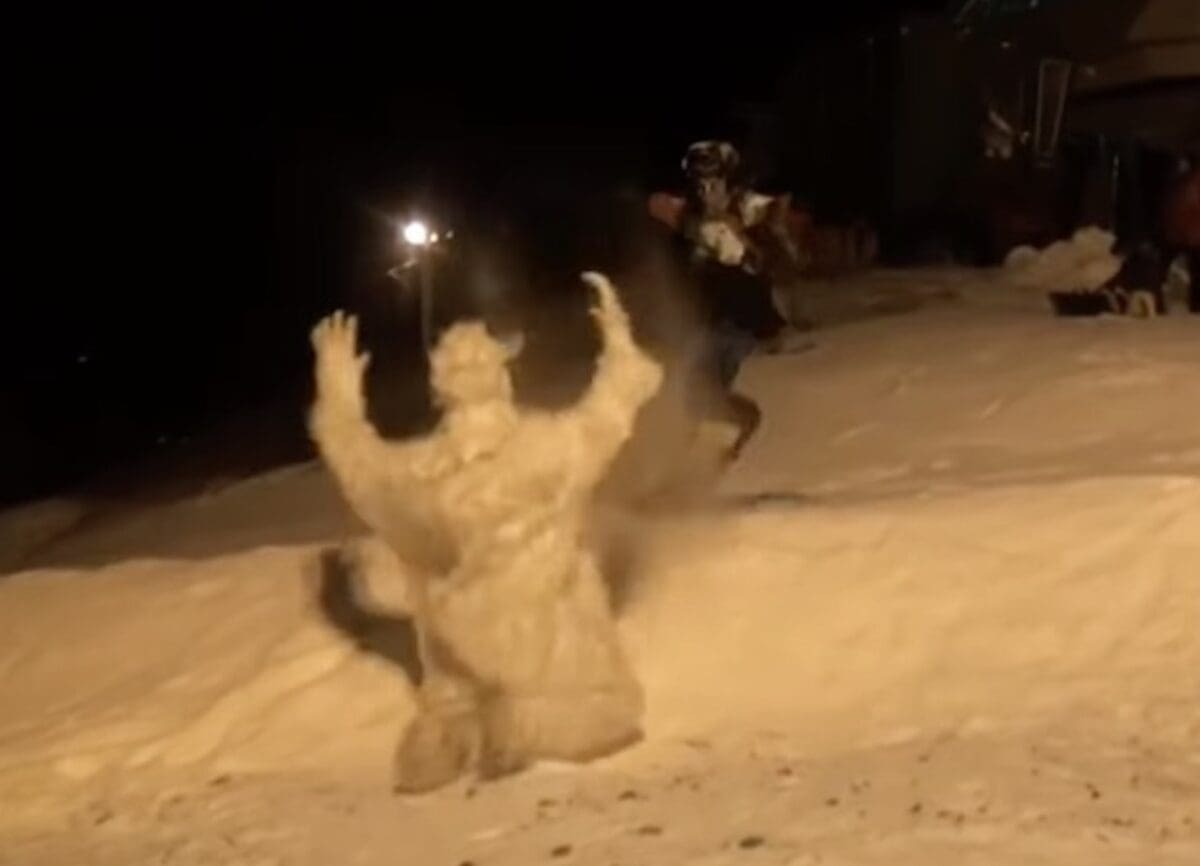 10-foot yeti scares a snowboarder.