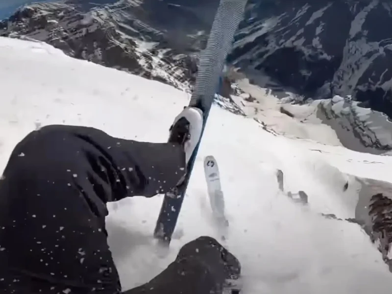 Skier hits tiny rock and falls 1000 feet.