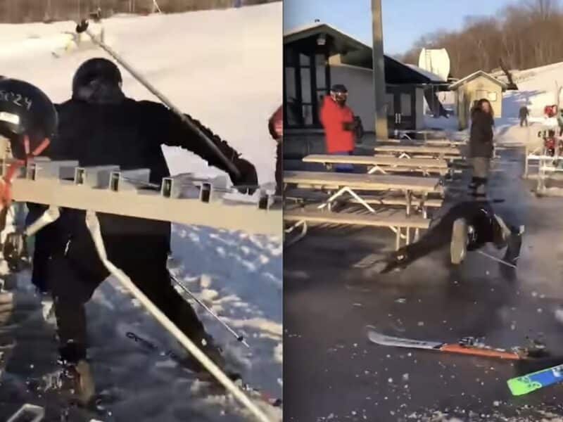 Beginner skier slams into ski rack.