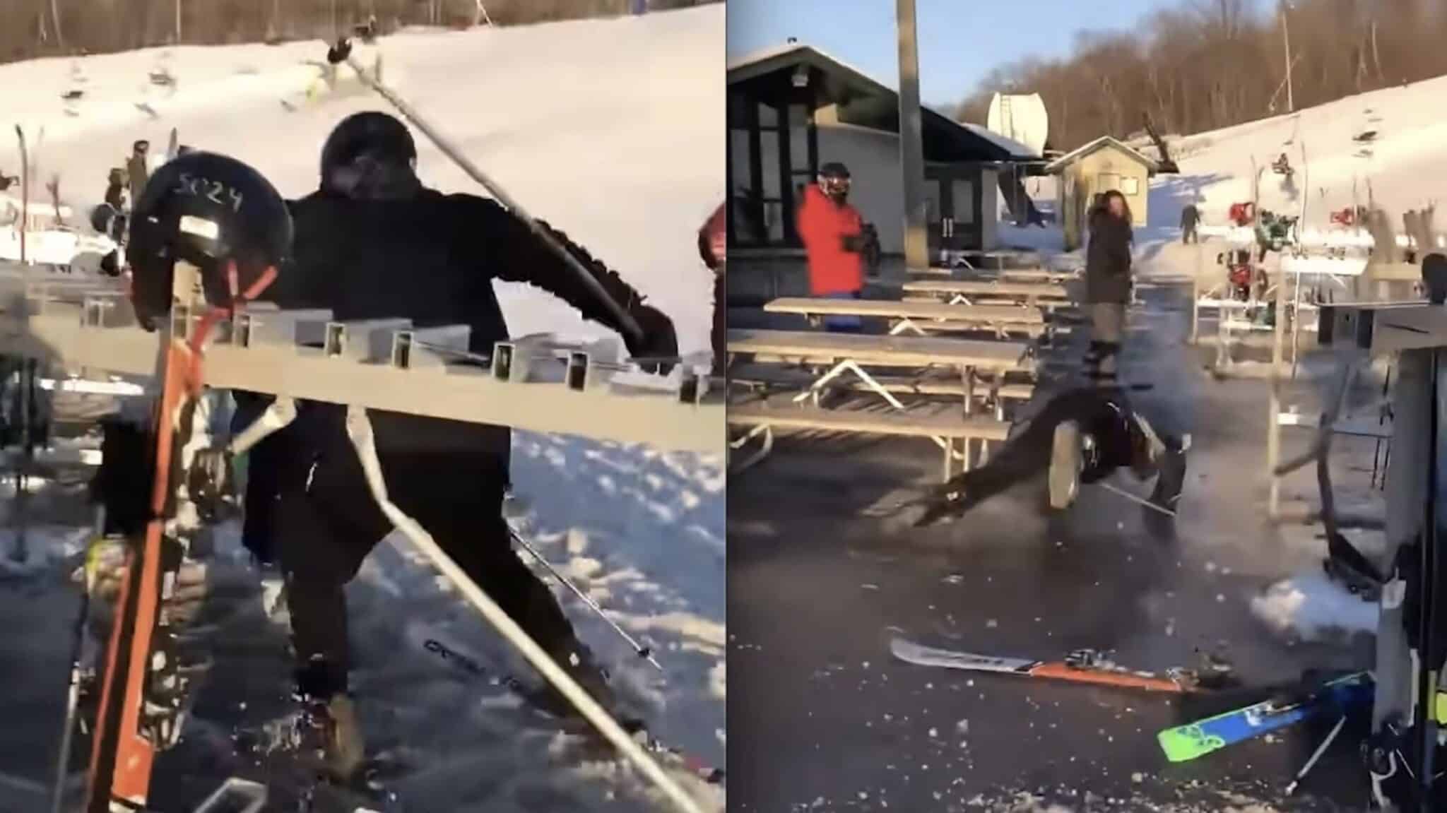 Beginner Skier Slams Into Ski Rack On His First Day