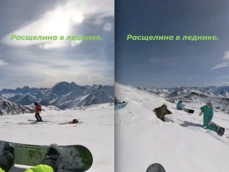 Hidden crevasse swallows snowboarders.