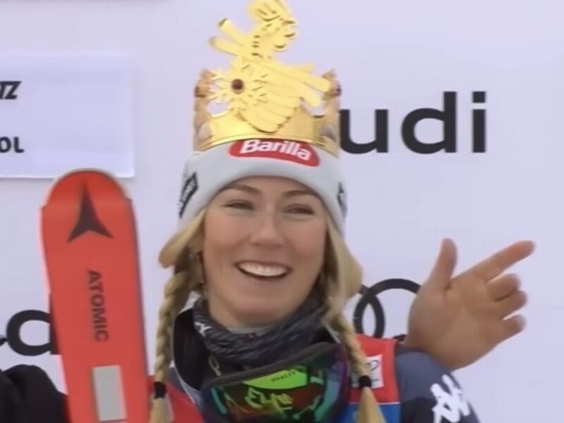Shiffrin celebrates her 83rd World Cup win in 2023.