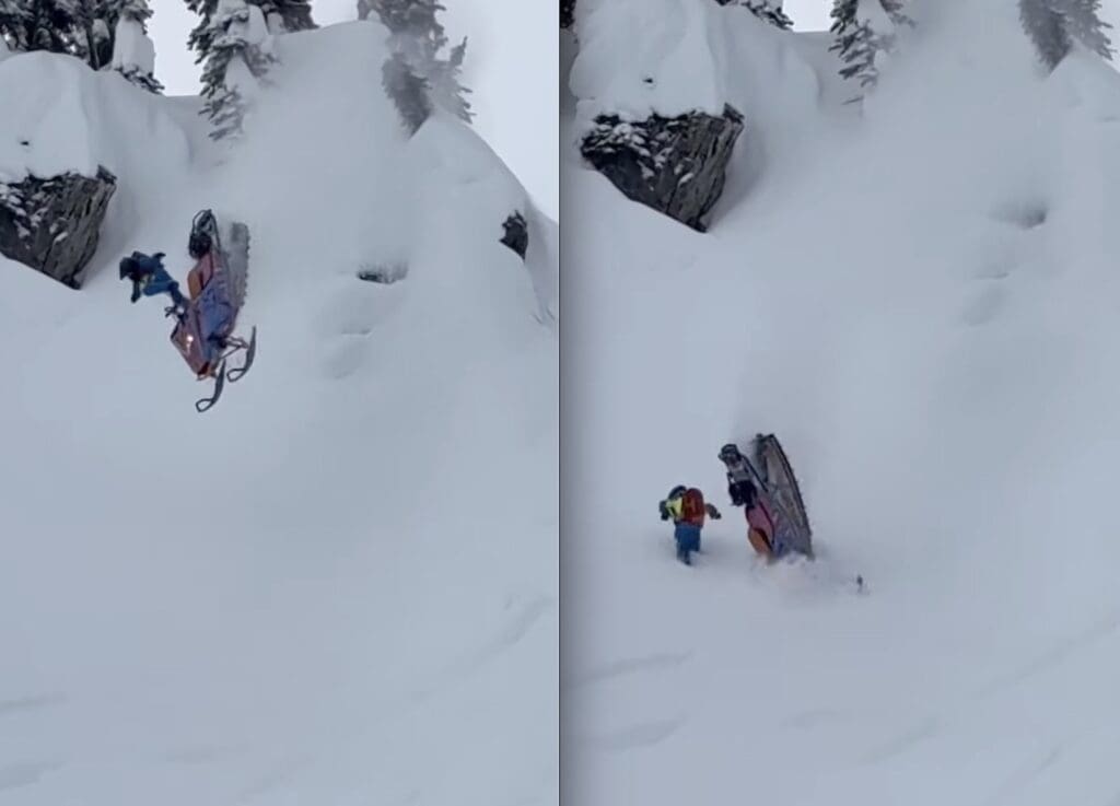 Falling snowmobile narrowly misses rider.