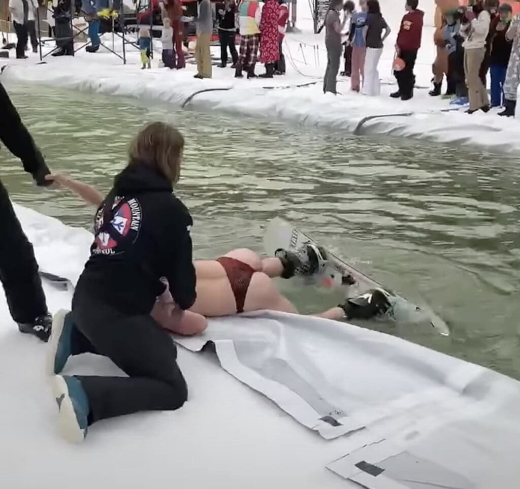 Ski patrol hilarious pond skim save @ Appalachian Mountain Resort