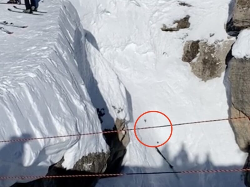 Skier's bindings blow apart entering Corbet's Couloir.