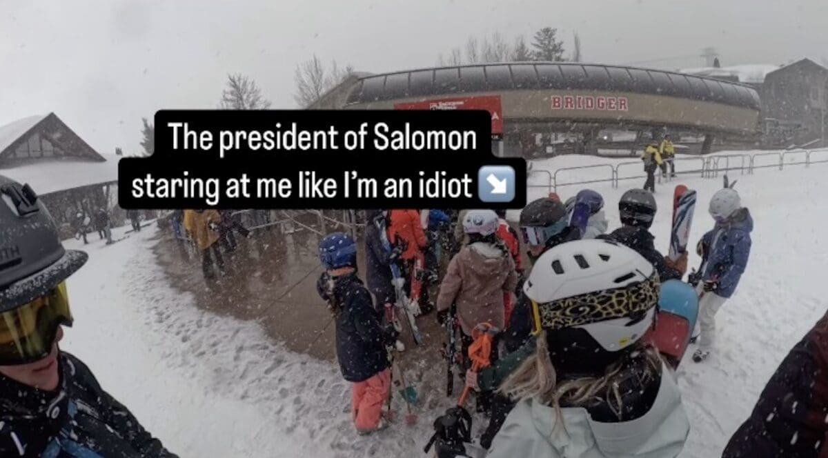 Skier bashes Salomon skis in front of company higher-up.