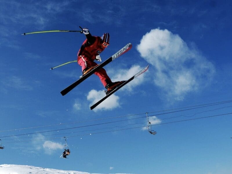 Skiing.