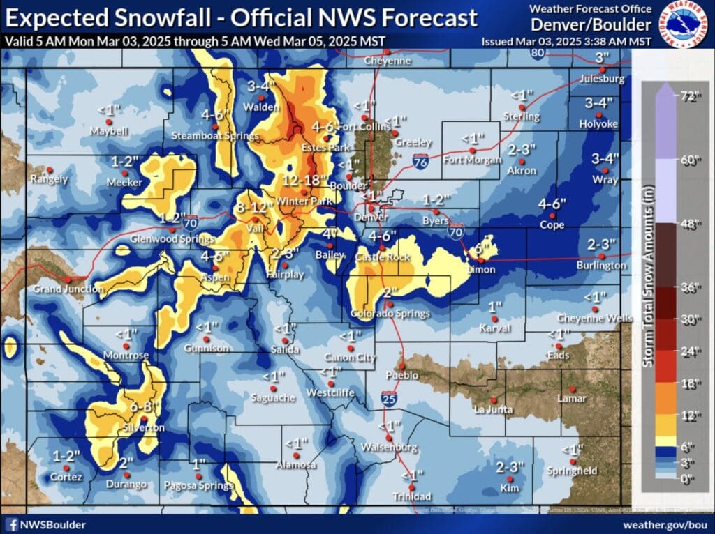 Expected snowfall across Colorado.