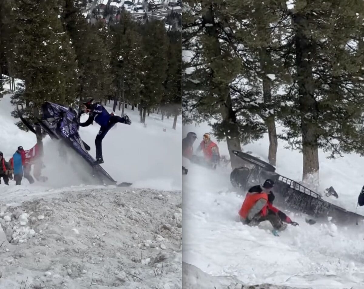 Snowmobile crashes into crowd.