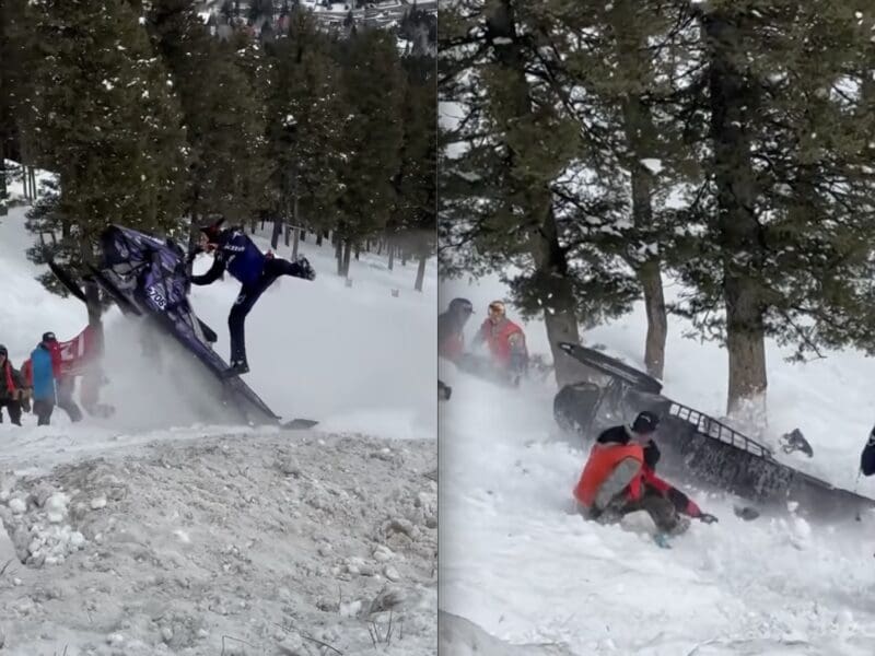 Snowmobile crashes into crowd.