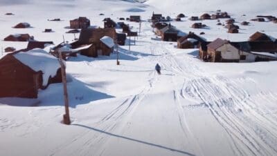 Skiing abandoned gold rush town in California.