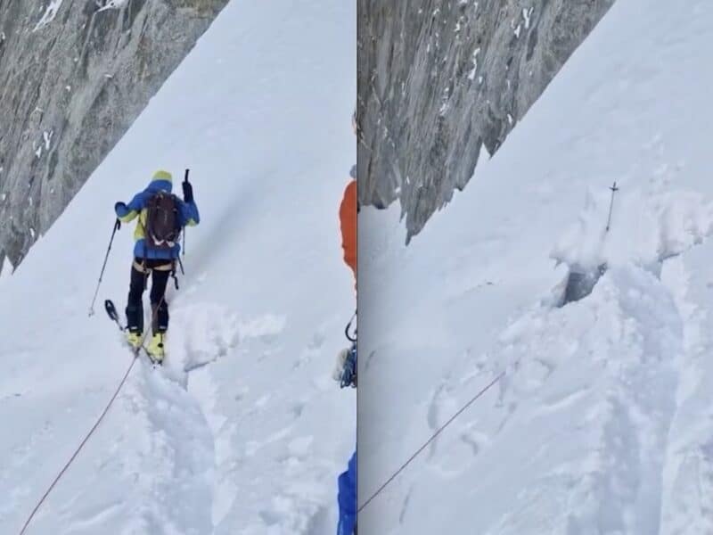 Mountain guide falls through crevasse.