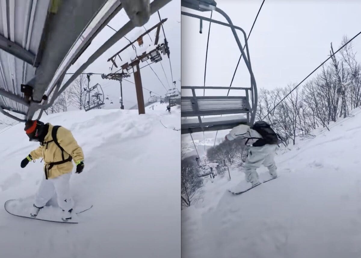 Chairlift smacks snowboarders in the head.