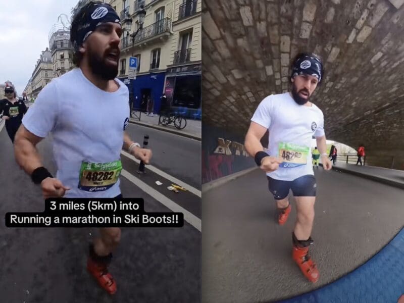 Guy runs Paris Marathon in ski boots.