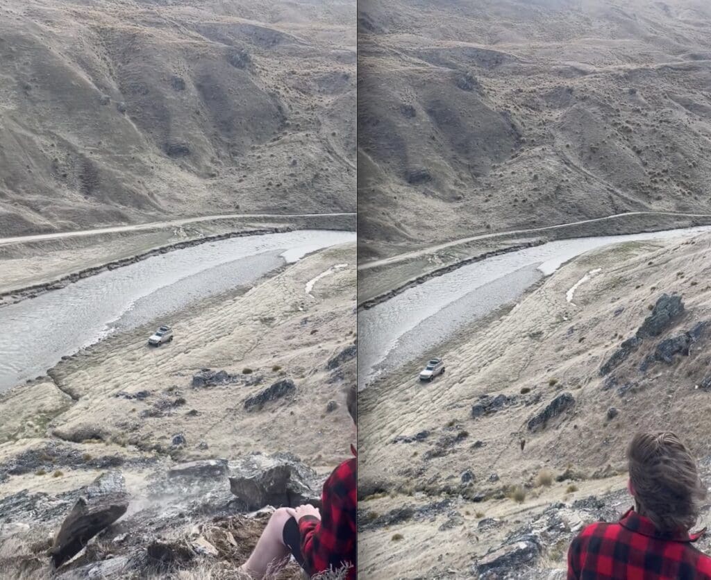 Falling rock nearly takes out truck below.