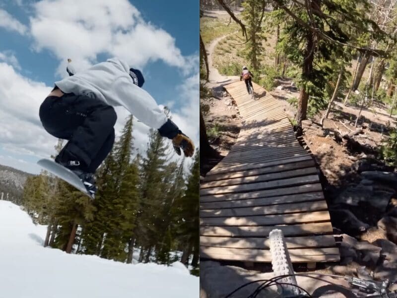 Snowboarding and biking at Mammoth Mountain.