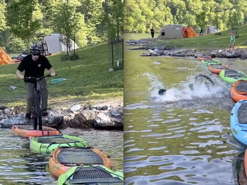 Mountain bikers attempt to cross 7 unbalanced paddle boards.