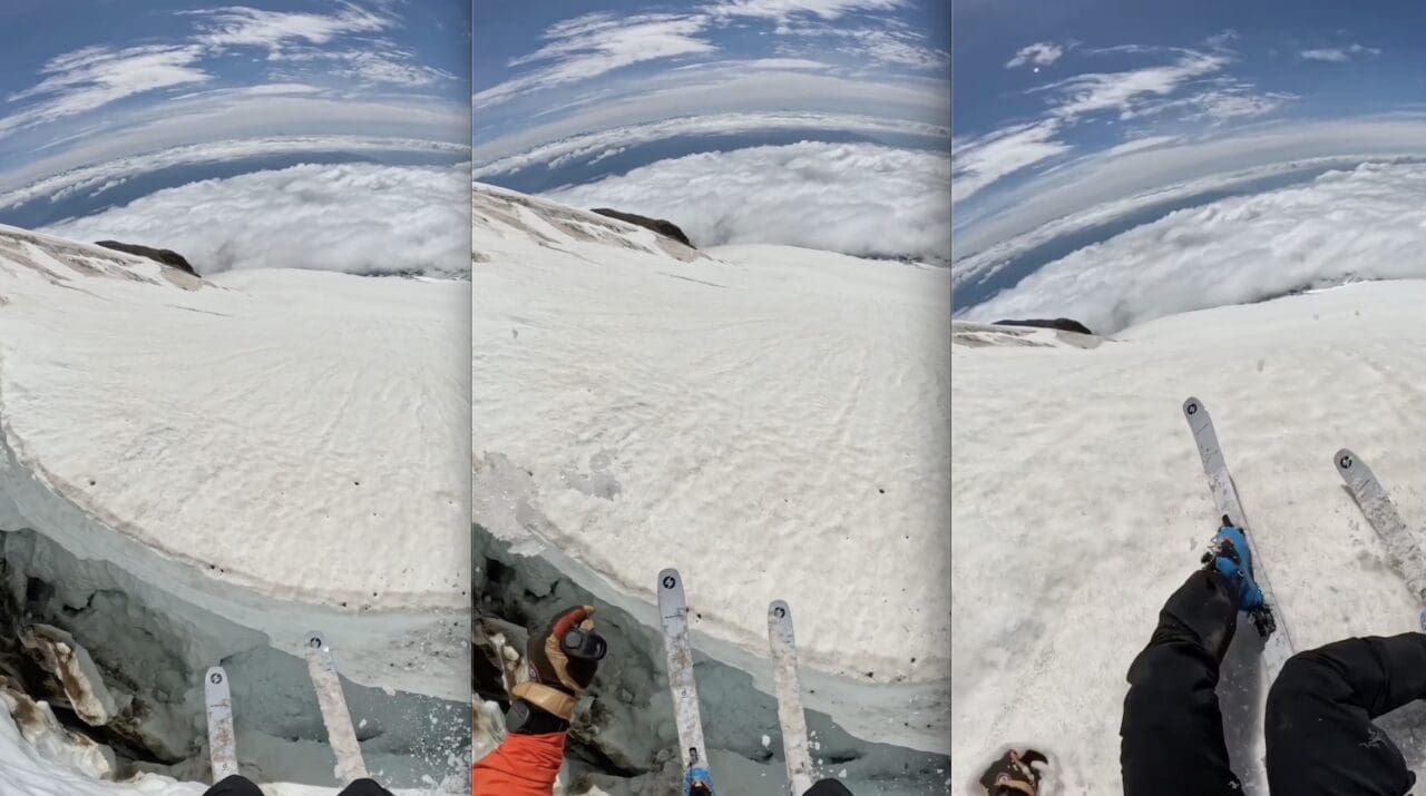 Skier nearly falls into crevasse @ Mt. Baker