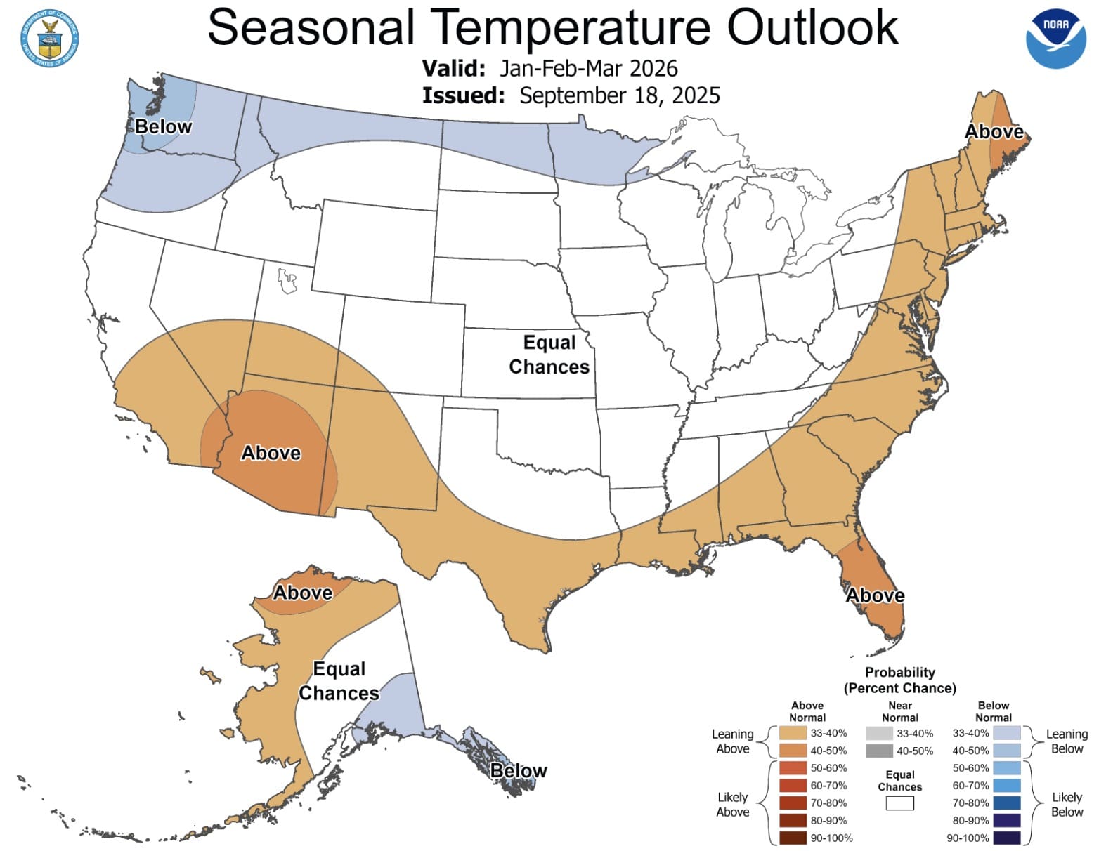 NOAA’s seasonal temperature outlook for winter 2025/26.